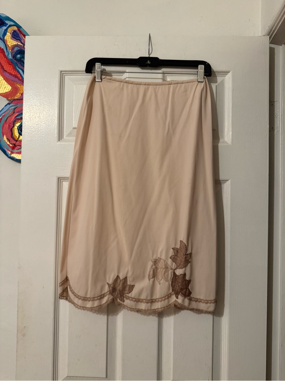 Vintage scalloped lace Midi Slip Skirt with Brown Leaf Embroidery